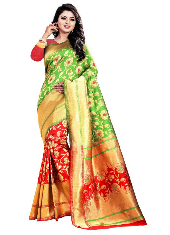 Green,Red Color Jacquard Saree with Blouse