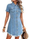 Raw Hem Button Up Short Sleeve Denim Dress