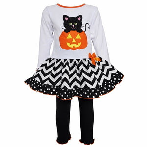 AnnLoren Girls' Halloween Orange Pumpkin and Black Cat Dress &