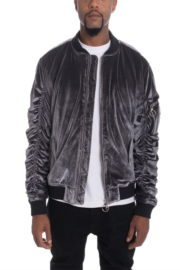 Velour Cinch Sleeve Bomber Jacket