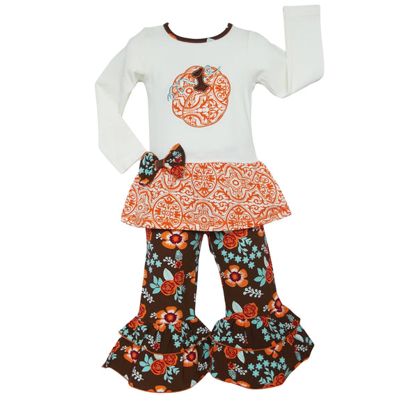 Big Girls Orange Pumpkin Autumn Floral Thanksgiving Tunic & Ruffle