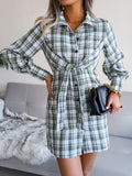 Tied Plaid Long Sleeve Mini Shirt Dress