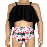 AL Limited Girls 2 piece Black Ruffle Top Pink Flamingos Bikini