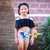 Girls 2 piece Black Ruffle Pink Tropical Bikini bathing suit