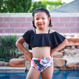 Girls 2 piece Black Ruffle Pink Tropical Bikini bathing suit