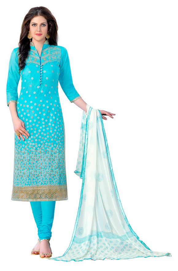 Sky Blue Cotton Embroidered Party Wear Salwar Suit