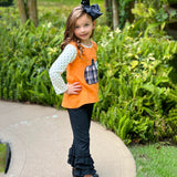 Girls Orange Pumpkin Top & Black Ruffle Pants Halloween Thanksgiving