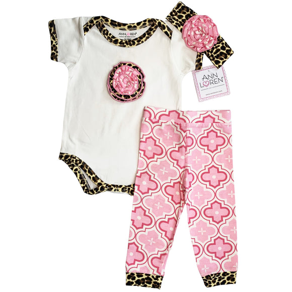 AnnLoren Baby Girls Layette Pink Leopard Onesie Pants Headband 3pc