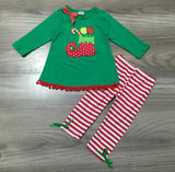 Girls Christmas Holiday Elf Stocking Top & Stripe Pants Outfit Set