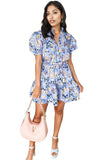 Purple Butterfly Print Short Puff Sleeve Pleated Ruffle Dress