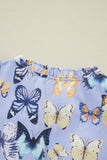 Purple Butterfly Print Short Puff Sleeve Pleated Ruffle Dress