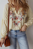 Embroidered Notched Long Sleeve Blouse