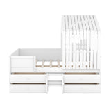 Full Size House Low Loft Bed with Four Drawers,White