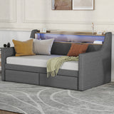 Twin Size Daybed with Storage Drawers, Upholstered Daybed with Charging Station and LED Lights, Gray(Old Item W1580S00023)