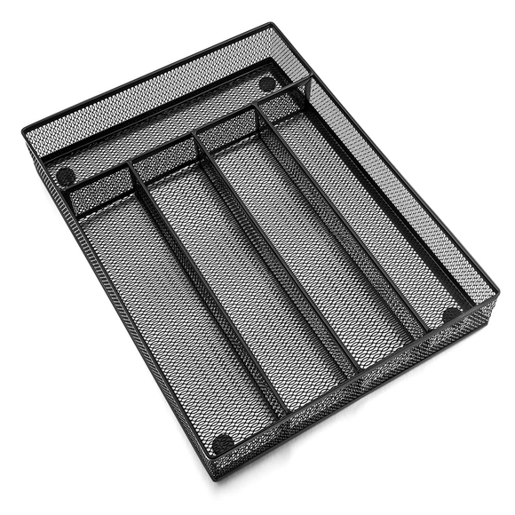 Black Kitchen Drawer Organizer, Walchoice Metal Mesh Silverware Organizer, Cutlery Holder Tray for Kitchen Drawers, 5 Compartment - 12.5 x 9.25 x 2 inch