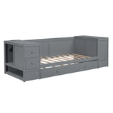 Twin Size Daybed with Storage Arms, Trundle and Charging Station, Gray