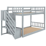 Twin-Over-Twin Floor Bunk Bed, Built-In Ladder with Storage, Stylish Gray Finish