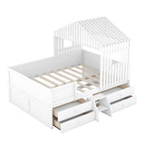 Full Size House Low Loft Bed with Four Drawers,White