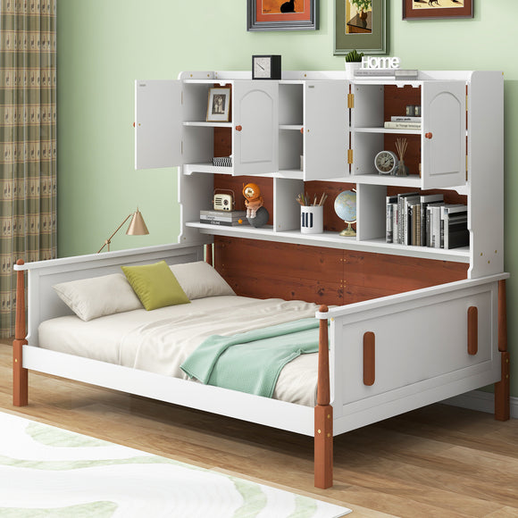 Twin Size Platform Bed with Multiple Storage, White+Walnut