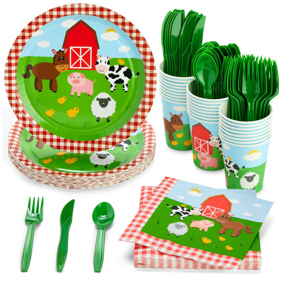 144-Piece Barnyard Birthday Party Supplies Set, Farm Animal Party Decorations With Paper Plates, Dinner Napkins, 9 oz Cups, and Plastic Cutlery (Serves 24 Guests)