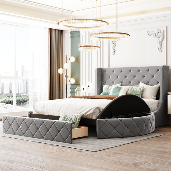 Upholstered Platform Bed Queen Size Storage Velvet Bed with Wingback Headboard and 1 Big Drawer,2 Side Storage Stool(Gray)