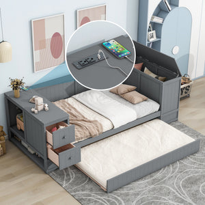 Twin Size Daybed with Storage Arms, Trundle and Charging Station, Gray