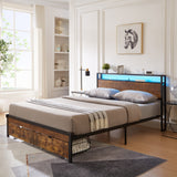 Full Size Metal Platform Bed Frame with Wooden Headboard and Footboard with USB,Charging Station,2 Drawers,LED Lights, No Box Spring Needed, Easy Assemble