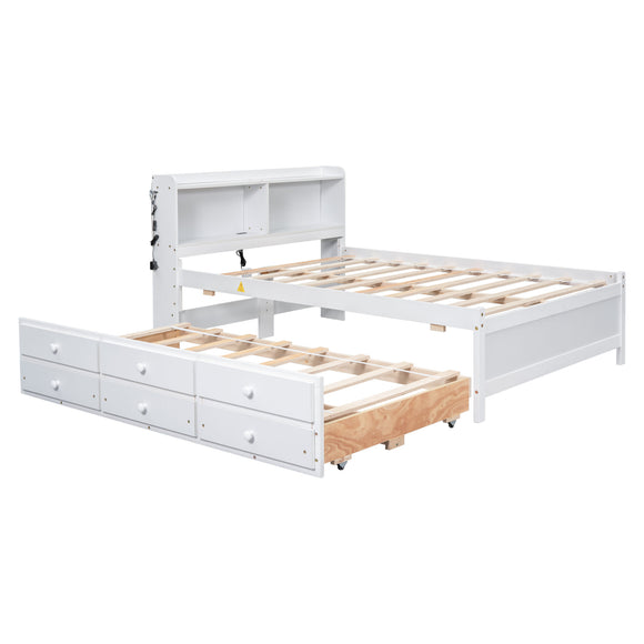 Full Size Bed with USB & Type-C Ports, LED light, Bookcase Headboard, Trundle and 3 Storage Drawers , Full Size Size Bed with Bookcase Headboard, Trundle and Storage drawers ,White