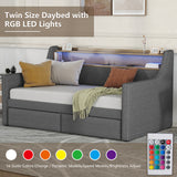 Twin Size Daybed with Storage Drawers, Upholstered Daybed with Charging Station and LED Lights, Gray(Old Item W1580S00023)