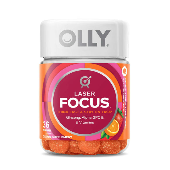 OLLY Laser Focus Gummy, Ginseng, Alpha GPC, B Vitamin, Supplement, Berry Tangerine, 36 Count