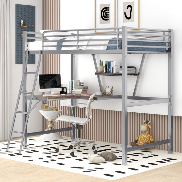 Twin Size Loft Metal&MDF Bed with Desk and Shelf, Silver (Old SKU:SM001105AAN-1)