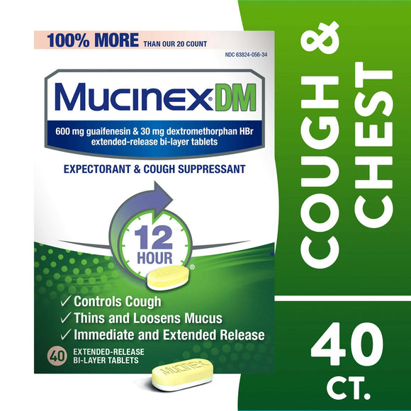 Mucinex DM 12 Hr Relief Tablets, 40ct, 600 mg Guaifenesin, 30 mg Dextromethorphan HBr, Controls Cough and Thins & Loosens Mucus That Causes Cough & Chest Congestion