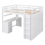 Full size Loft Bed with Drawers,Desk,and Wardrobe-White