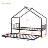 Twin Size Metal House Bed with Twin Size Trundle, Black