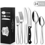 24 Piece Flatware Set for 4, TINANA Stainless Steel Flatware Set, Mirror Polished Cutlery Utensil Set, Durable Home Kitchen Eating Tableware Set, Fork Knife Spoon Set,Dishwasher Safe-Silver