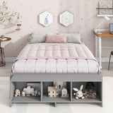 Full Size Bed with Storage Case, 2 Storage drawers, Lengthwise Support Slat,Grey