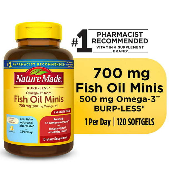 Nature Made Burp Less Omega 3 Fish Oil Supplements 700 mg Minis Softgels;  120 Count