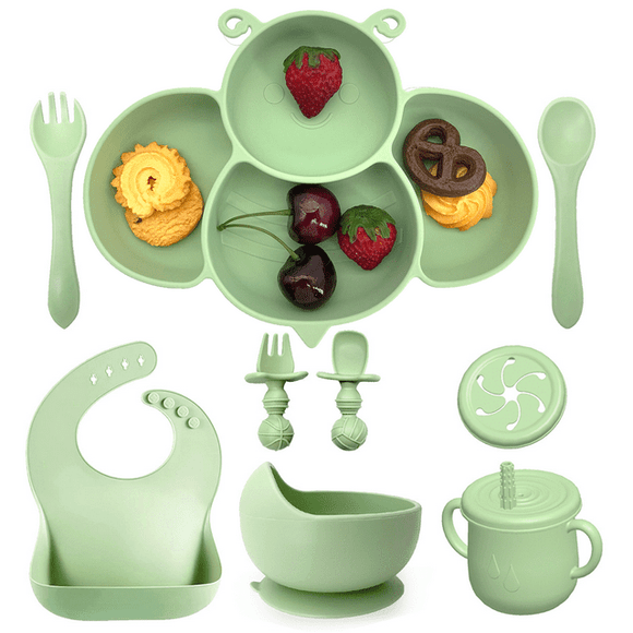 Soft Silicone Baby Feeding Set, Baby Weaning Set, Children's Cutlery Set with Adjustable Bib, Suction Cup Divider Tray, Suction Cup Bowl, Stage 1 and Stage 2 Spoon and Fork (Green)