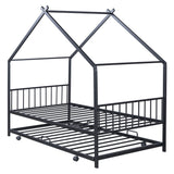 Twin Size Metal House Bed with Twin Size Trundle, Black