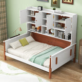 Twin Size Platform Bed with Multiple Storage, White+Walnut