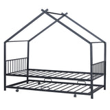 Twin Size Metal House Bed with Twin Size Trundle, Black