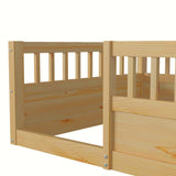 Twin Floor Bed Frame with Fence, Wood Kids Floor Beds Frame for Bedroom Playroom,Natural(Expect arrive date Jun. 21st)