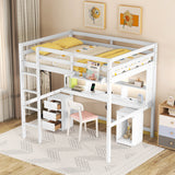 Full Size Loft Bed with Multi-storage Desk, LED light and Bedside Tray, Charging Station, White