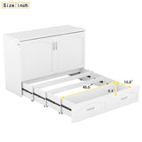 Full Size Murphy Bed Wall Bed with drawer and a set of Sockets & USB Ports, Pulley Structure Design, White