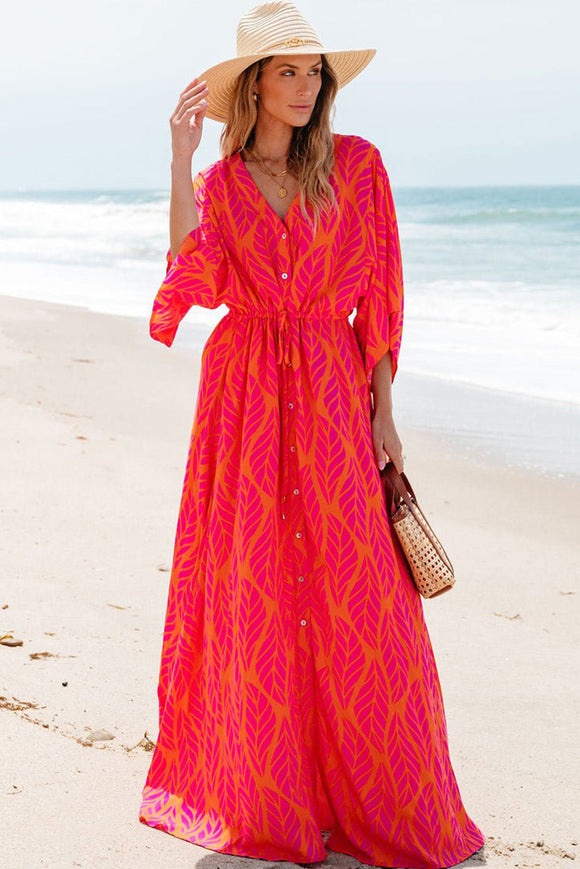 Orange Leafy Print 3/4 Sleeve V Neck Buttoned Split Maxi Dress