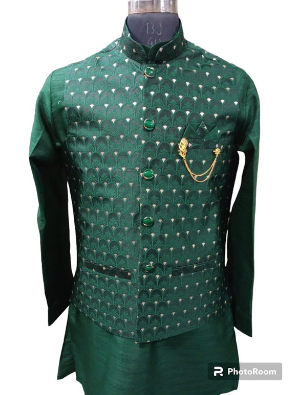 Green Nehru Jacket With Kurta, Size - 38