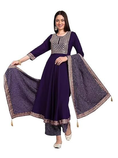 Women's Violate Rayon Embroidered Flared Kurta with Pant and Printed