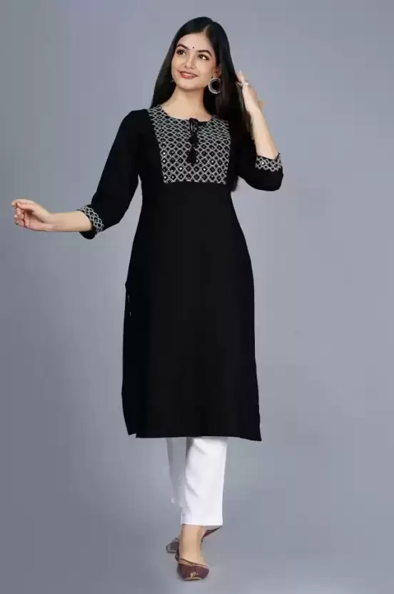 Women Embroidered Viscose Rayon Straight Kurta  (Black)