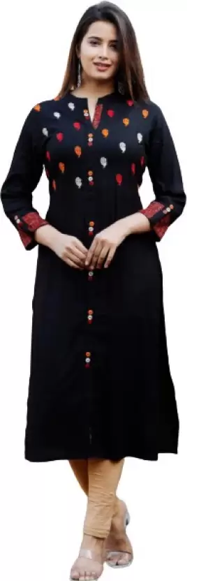 Women Embroidered Viscose Rayon Straight Kurta  (Black)