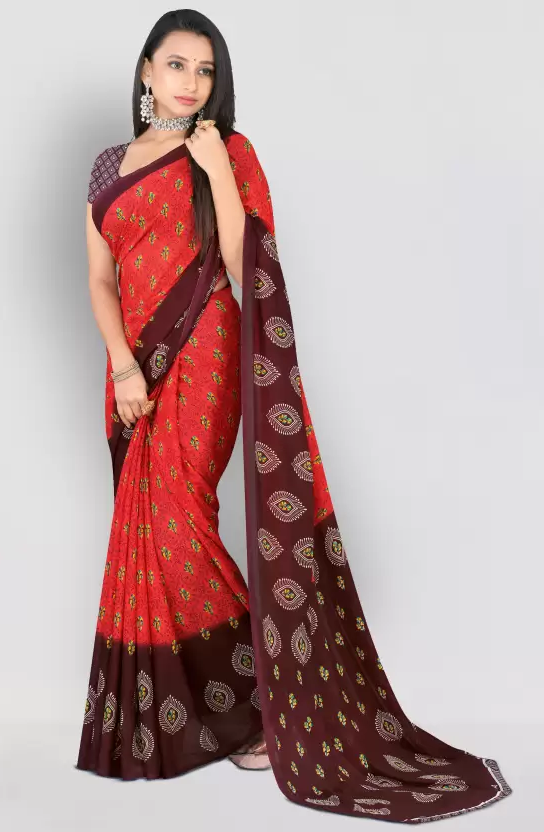 Printed Daily Wear Georgette Saree  (Red, Brown)